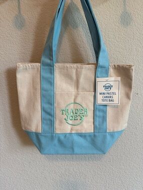 NWT Trader Joe's Mini Canvas Tote with Light Blue Straps
